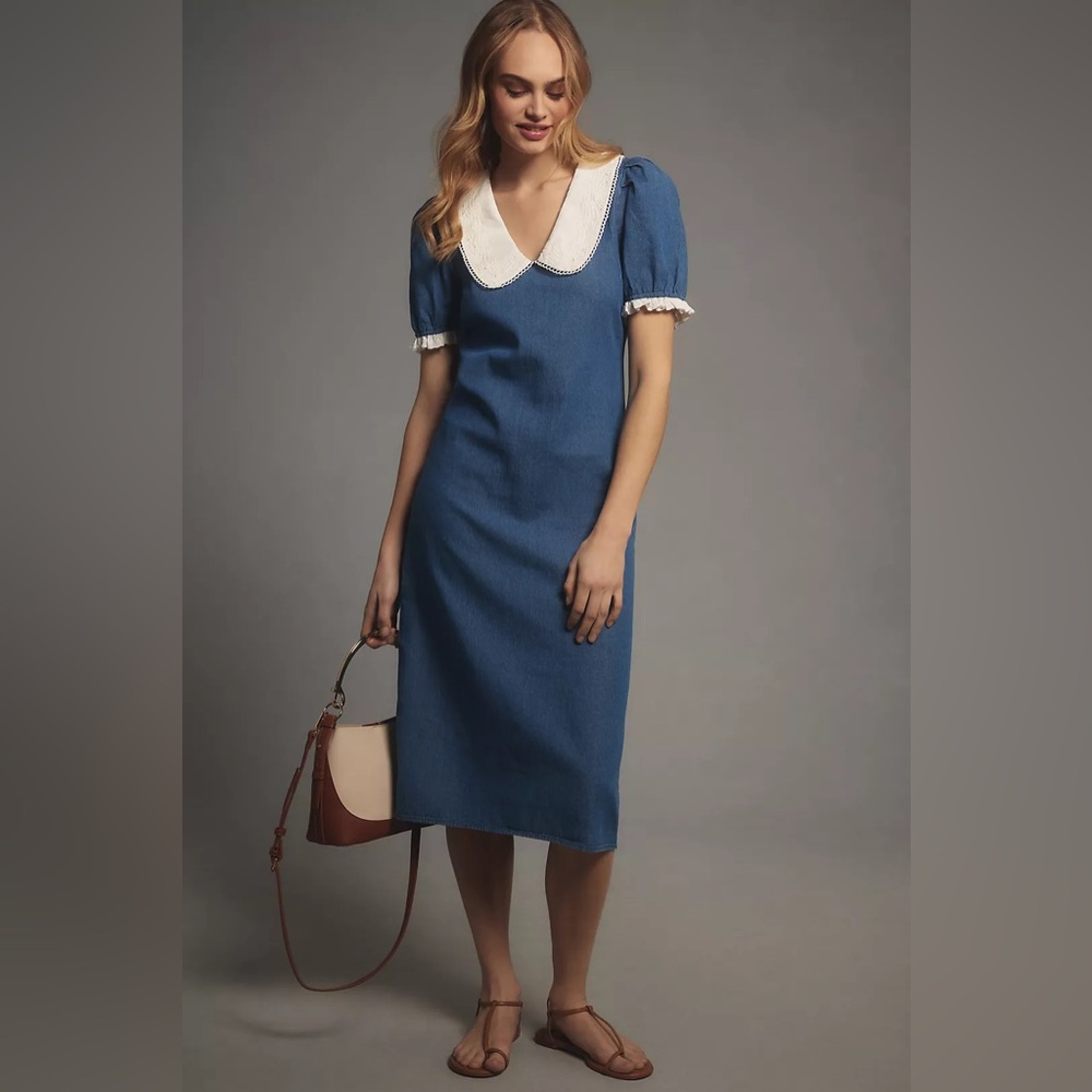 Porridge Denim Short-Sleeve Collared Embroidered Slim Midi Dress